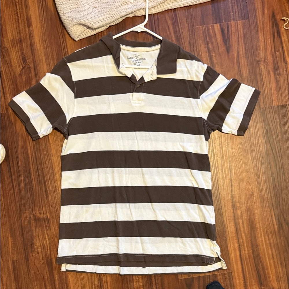 American Eagle Outfitters Brown and Cream Striped Polo Shirt